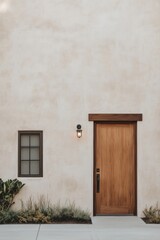 Front entrance of a modern house featuring a wooden door, a small window, and minimalistic landscaping under natural light during the day