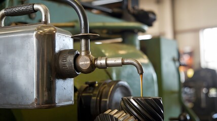 Fototapeta premium Machinery oiling process in industrial workshop showcasing precision equipment and fluid dynamics