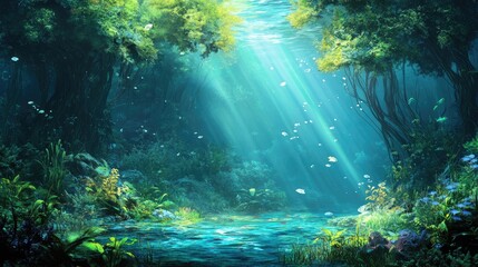 Fototapeta premium Enchanted Underwater Forest with Sunlight Rays and Lush Greenery