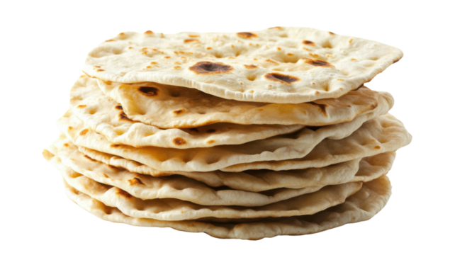 Stack of freshly baked homemade pita bread on a transparent background Concept of healthy eating, traditional cuisine, and Mediterranean diet