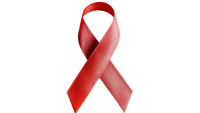 Red ribbon on a transparent background, symbol of HIV and AIDS awareness, showing support and solidarity for people living with HIV and AIDS