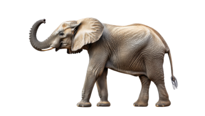 Majestic African elephant with trunk raised on transparent background Side view of a large mammal with detailed skin texture Concept of wildlife, conservation, and safari