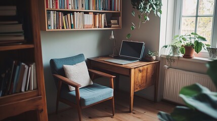 Cozy Home Workspace with Bookshelf and Armchair for Inspiration