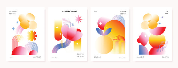 Modern gradient poster background vector set. Minimalist cover template with vibrant perspective geometric prism shapes and line. Ideal design for social media, cover, banner, flyer.