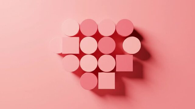 Geometric Harmony: A visually appealing arrangement of pink circles and squares, creating a modern design against a matching pink backdrop, evoking a sense of balance and minimalist elegance.