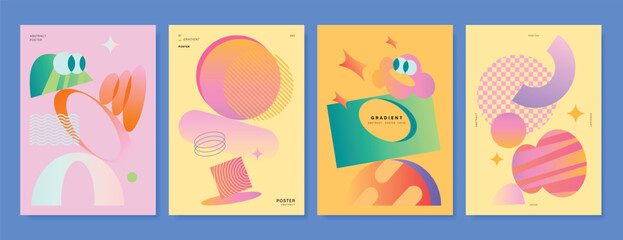 Fototapeta premium Modern gradient poster background vector set. Minimalist cover template with vibrant perspective geometric prism shapes and funny shape. Ideal design for social media, cover, banner, flyer.