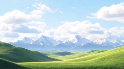 Lush green hills under a bright blue sky with distant snow-capped mountains in the background