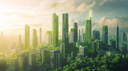 Fototapeta premium Eco-city sunrise, green buildings, lush forests, sustainable future, urban landscape
