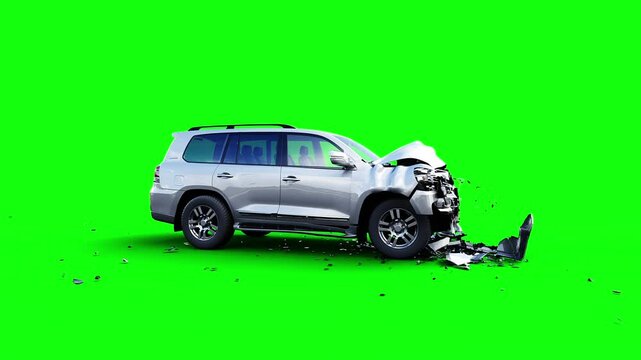 Generic 3d car crash test. Car destruction. Green screen isolate.