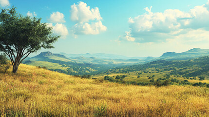 Obraz premium Expansive landscape featuring rolling hills and a solitary tree under a bright blue sky with clouds
