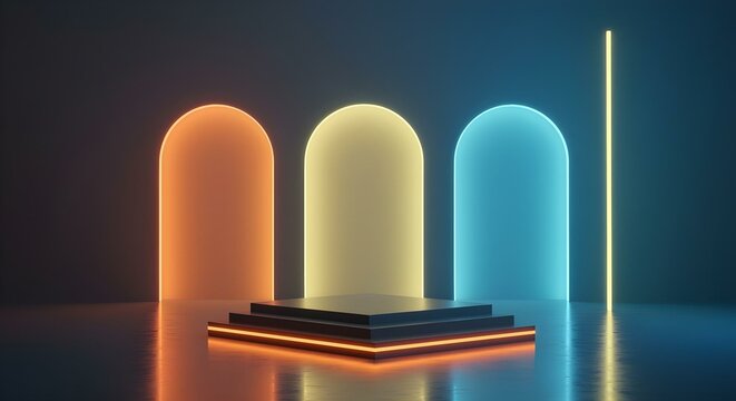 A minimalist digital art piece features a series of geometric shapes and neon lights against a gradient background 