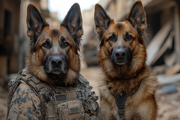 Dogs in tactical gear stand alert in a desolate urban environment at dusk