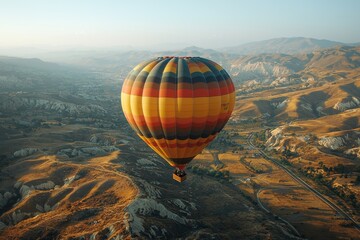 Obraz premium Colorful hot air balloon gliding majestically over mountainous terrain at sunrise in a peaceful landscape