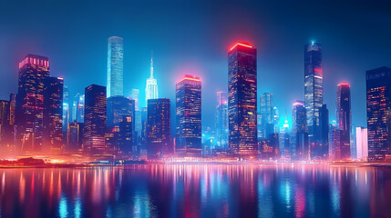 Fototapeta premium City Nightscape with Reflections on Water