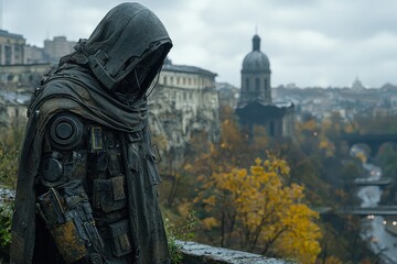 Mysterious figure clad in hooded cloak stands overlooking a cityscape during a rainy autumn day
