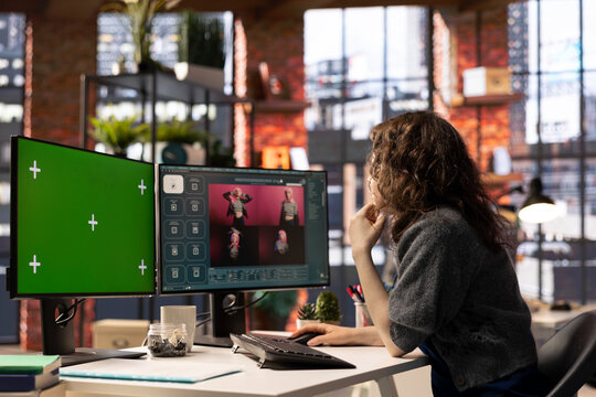 Photographer types prompt to turn to image using AI next to mockup, looking for better quality content in her portfolio. Editor graphic designer using artificial intelligence commands. - Powered by Adobe