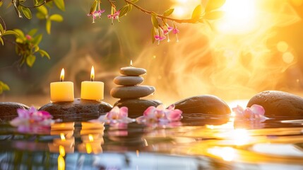 Serene spa background stones and candles , water, flowers and steam, natural light, tranquil atmosphere for relaxation and meditation, spa retreats, wellness centers, relaxation spaces