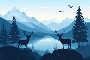 Silhouette mountain lake deer