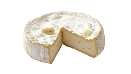 Creamy brie cheese wheel with a cut piece on a transparent background Gourmet dairy product concept for culinary and food photography