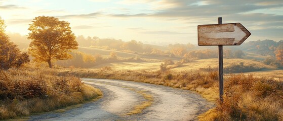 A scenic autumn landscape with a signpost pointing the way