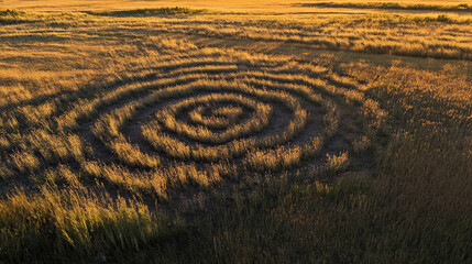 Naklejka premium Aerial view of a spiral pattern in a golden grassy field during sunset, showcasing nature's art