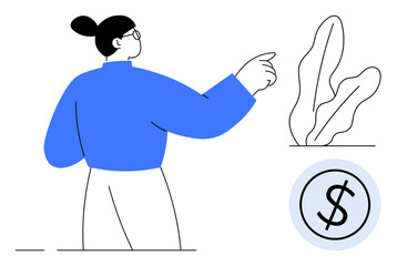 Professional woman gesturing towards plants with a focus on eco-conscious financial ideas. Ideal for investment, sustainability, business growth, eco-finance, modern design, economic planning, flat