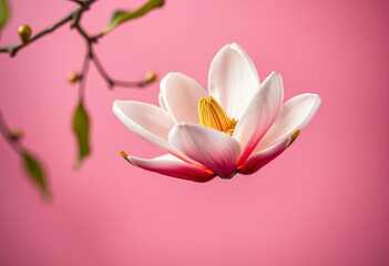Fototapeta premium A lovely pink magnolia flower is falling through the air, set against a serene pink backdrop with lush green leaves visible.