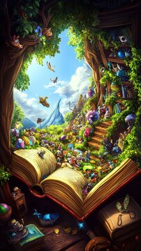 An open storybook reveals a whimsical fantasy landscape scene