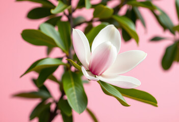 Fototapeta premium A lovely pink magnolia flower is falling through the air, set against a serene pink backdrop with lush green leaves visible.