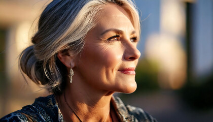 Naklejka premium Close-up portrait of a mature woman with graying hair, gazing thoughtfully into the distance. Warm golden light enhances her natural beauty and relaxed expression.