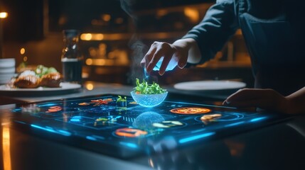 A futuristic kitchen scene with a glowing food display