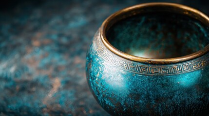 Decorative, turquoise bowl with golden trim sits atop an aged surface. Close-up shot