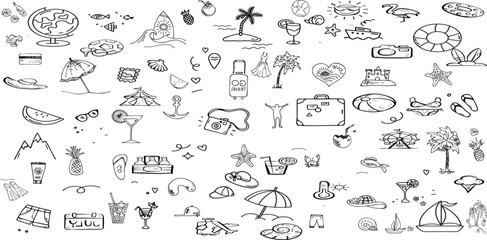 Greek or italian coastal summer vacation doodle style illustration set.