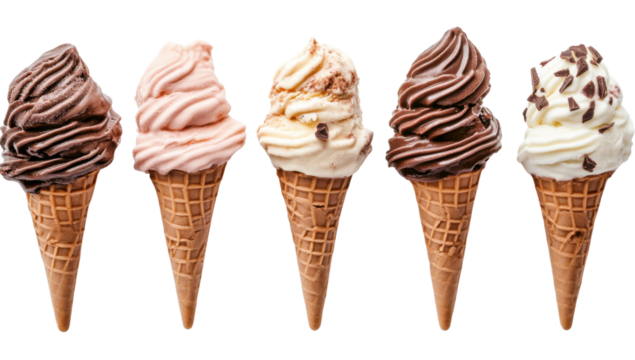 Variety of delicious ice cream cones with different flavors, including chocolate, strawberry, and vanilla, on a transparent background Concept of summer, dessert, and indulgence