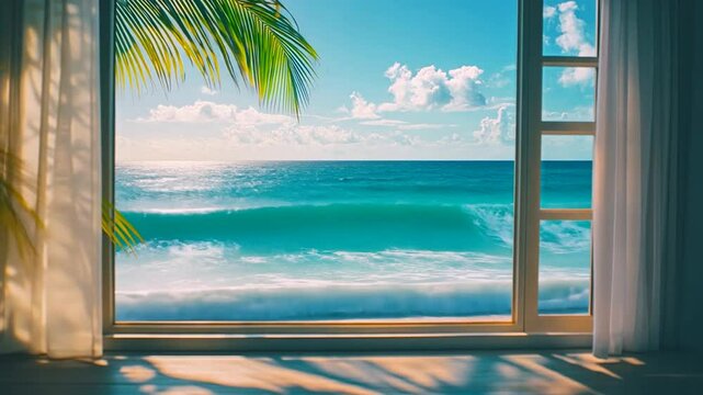 Ocean view through window with palm fronds, serene beach scene with azure water