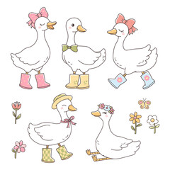 Spring Animals with Silly Goose and Flowers Doodle Hand Drawn Vector