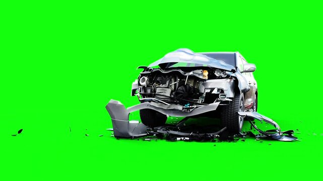 Generic 3d car crash test. Car destruction. Green screen isolate.