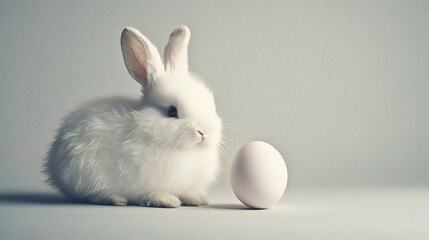 Fototapeta premium Fluffy White Bunny Next to a Simple White Egg on a Soft Surface