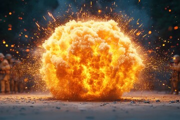 Explosive fireball erupts during military training exercise in a forest area at dusk with soldiers observing nearby