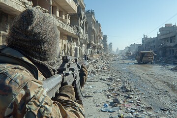 Soldier surveying a dangerous urban battlefield in a war-torn city during daylight hours