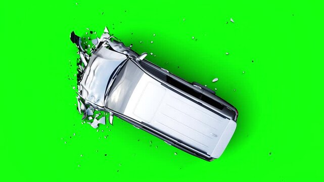 Generic 3d car crash test. Car destruction. Green screen isolate.