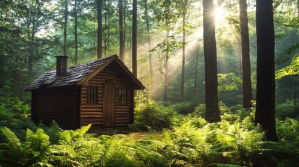 Tranquil Forest Scene with Log Cabin Surrounded by Lush Greenery and Sunlight Filtering Through Trees