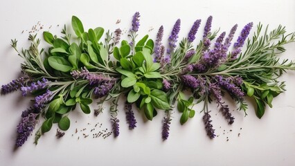 A flat lay arrangement of various herbs and plants on a textured white surface.