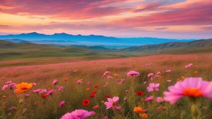 A vast meadow filled with vibrant wildflowers of pink, red, and orange hues.