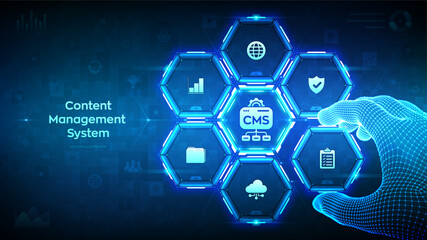 CMS. Content Management System concept. Website and document management, web development, digital solutions. Wireframe hand places an element into a composition visualizing SMS. Vector illustration.