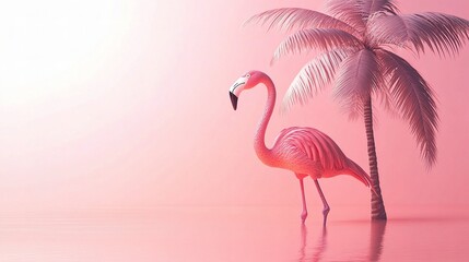 3D Rendered Pink Flamingo and Palm Tree in Soft Pastel Environment