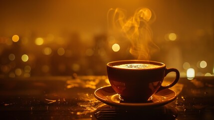 Obraz premium A warm, inviting café scene with a hot latte, latte art, and sunlight streaming in. Ideal for promoting coffee brands or inspiring creativity with its cozy, productive atmosphere.