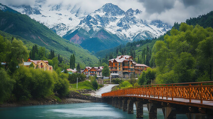 Obraz premium Mountain village scenic view with wooden bridge.