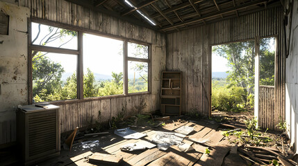 Fototapeta premium Dilapidated Interior Room with Large Windows Overlooking Lush Green Landscape and Bright Sunlight