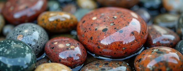 Colorful mineral stones, smoothed by river water, surface through erosion and earth movements. Earth's hidden gems revealed in riverbeds